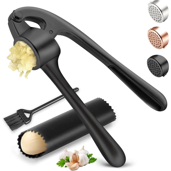 NOBRAND Kitchen Garlic Press, Rust Proof & Dishwasher Safe Garlic Mincer, Durable Garlic Crusher Set with PeelerBrush, Easy to Clean and Squeeze, Black