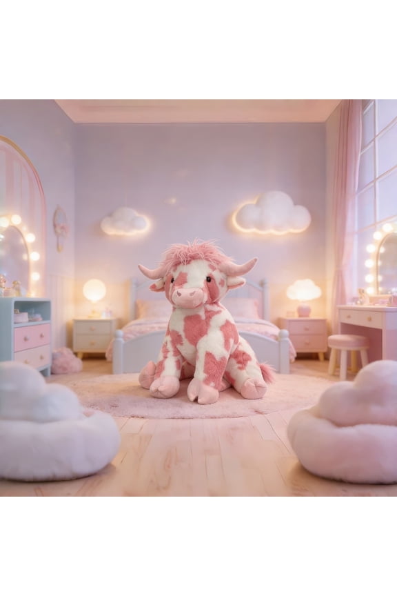 Stuffed Animals Highland Cows Cute Stuff Fluffy Cattle Dolls Toys Figure Highland Cow Pillows Birthday Presents for 3+ Year Old, Preschool Realistic Plush Dcor (20 inches,Pink)