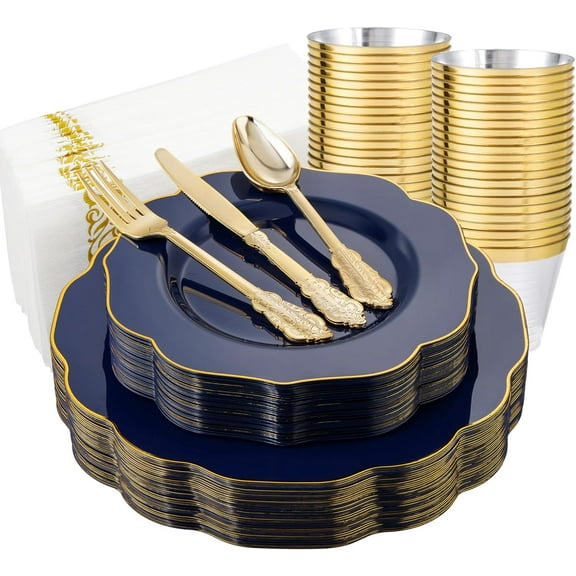 NOCCUR 175PCS Blue Plastic Plates with Disposable Silverware - Include 50 Blue Disposable Plates with Gold Rim,75 Gold Cutlery,25 Cups,25Napkins for Party/Wedding/Birthday/Labor Day