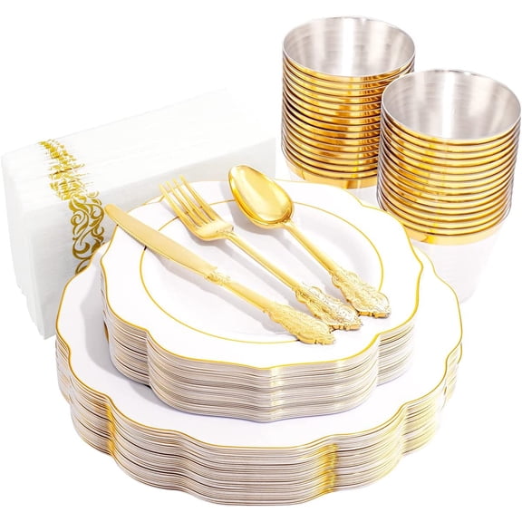 NOCCUR 175PCS Gold Plastic Plates with Disposable Silverware - White Gold Plastic Tableware Include 25 Dinner /25 Dessert Plates, 75 Cutlery, 25 Cups, 25 Napkins - Ideal for Fall Party&Thanksgiving