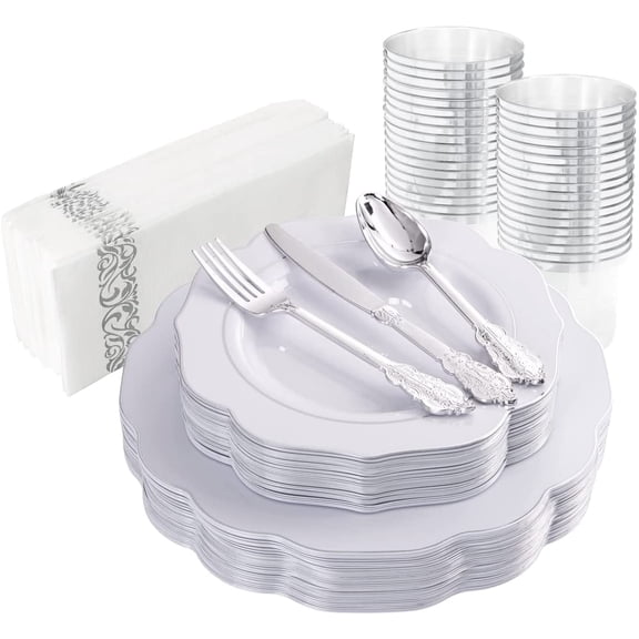 NOCCUR 175pcs Silver Plastic Plates - Christmas Plates - Silver Rim Plastic Tableware Include 25 Dinner Plates, 25 Dessert Plates, 25 Forks, 25 Knives, 25 Spoons for Wedding&Party