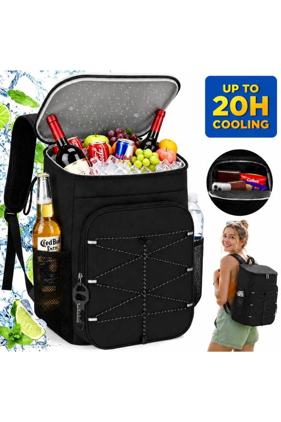 22L Backpack Cooler with 20H Cooling & Bottle Opener, 28 Cans Cooler Backpack Insulated Leak Proof for Camping Hiking Beach Picnic Fishing (Black)