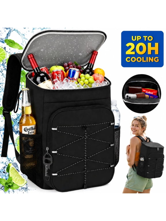 22L Backpack Cooler with 20H Cooling & Bottle Opener, 28 Cans Cooler Backpack Insulated Leak Proof for Camping Hiking Beach Picnic Fishing (Black)