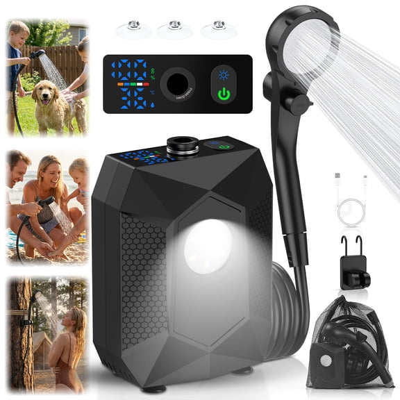 NOCOEX Portable Shower for Camping: Rechargeable Camping Shower Pump 130-Min Runtime, 5 Pressure Levels with Built-in LED, IPX8 Waterproof - Ideal for Beaching, Gardening, Pet, Car