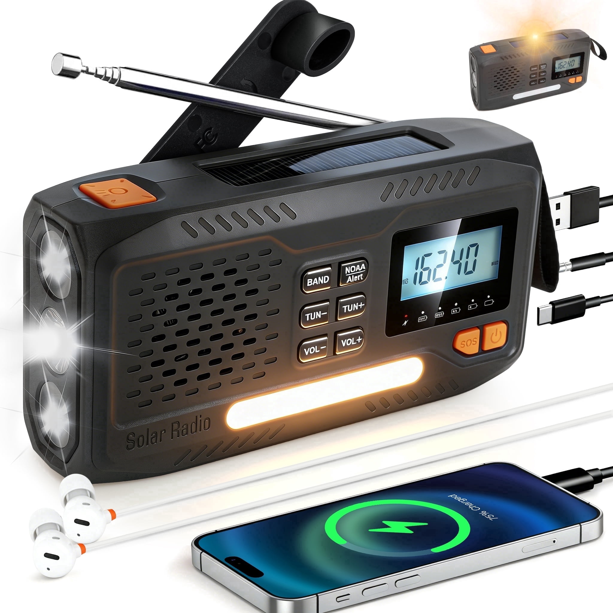 NOCTINGALE Hand Crank Emergency Weather Radio, 2000mAh Portable Radio Noaa/AM/FM, Battery Operated Solar Power, Weather Alert, Flashlight  for Home Outdoor Emergency