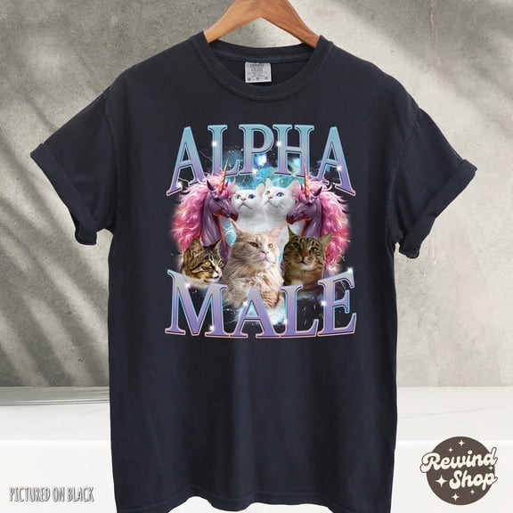 NODB Alpha Male Unicorn Cat Ironic Vintage T-Shirt, Retro Funny Rainbow Tshirt, Cat Lover Shirt BLACK Unisex S-5XL Hot Trending Shirt, Vintage Birthday Gift