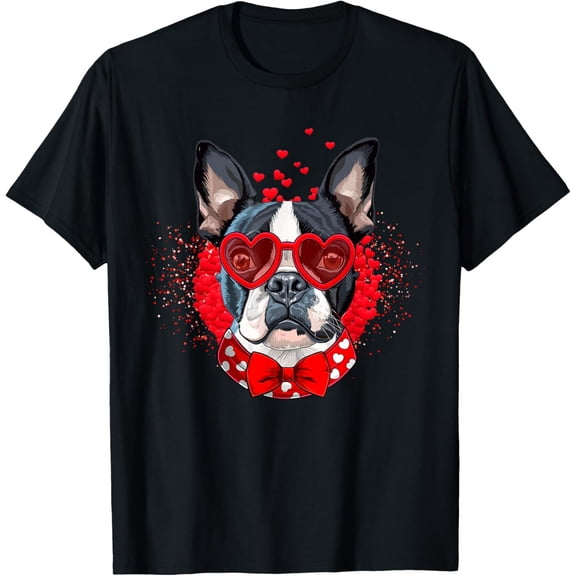 NODB Boston Terrier Dog With Heart Glasses Happy Love Day T-Shirt BLACK Unisex S-5XL Hot Trending Shirt, Vintage Birthday Gift