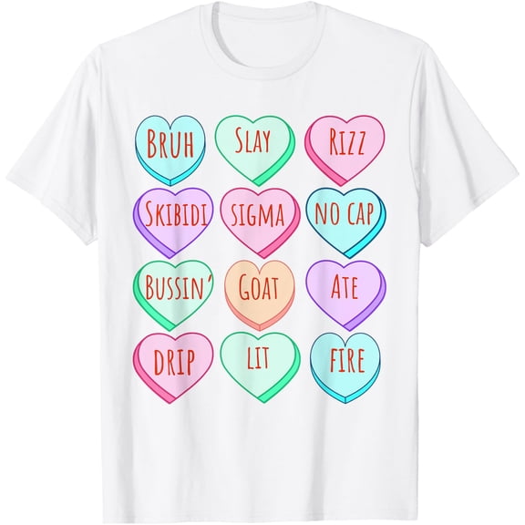NODB Candy Heart Slang Words Love Day For School, Gen Alpha T-Shirt WHITE Unisex S-5XL Hot Trending Shirt, Vintage Birthday Gift