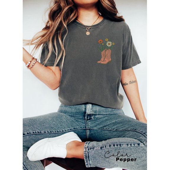 NODB Cow Boots Wildflowers Shirt, Retro Western Graphic Tee, Country T-Shirt, Rodeo Outfit, Gift Her, Country Farm DARK HEATHER Unisex S-5XL Hot Trending Shirt, Vintage Birthday Gift