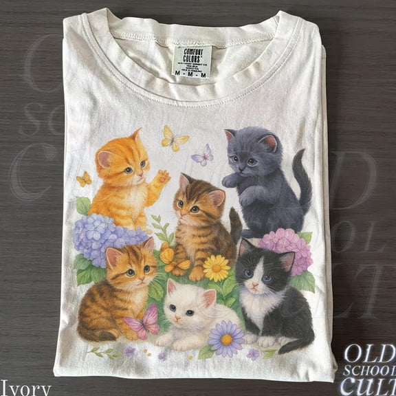 NODB Cute Kitten Graphic T-Shirt, Vintage Cat Lover Tee, Ivory Shirt, Retro Floral Kitty Top, Cottagecore Gift WHITE Unisex S-5XL Hot Trending Shirt, Vintage Birthday Gift