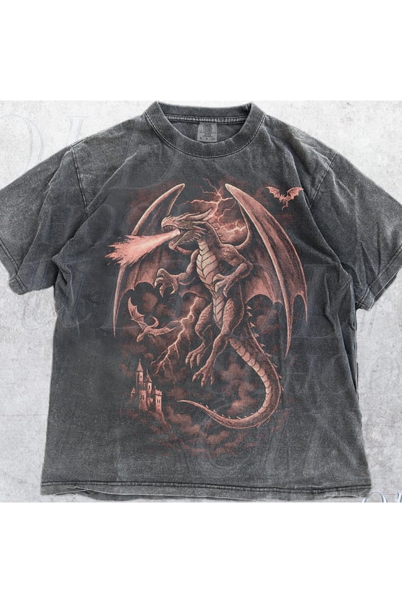 Dragon Vintage 90S Style Graphic Shirt, Dragon Graphic Y2K Goth Retro Tee, Dark Fantasy Mythical Medieval Dark Art Gift DARK HEATHER Unisex S-5XL Hot Trending Shirt, Vintage Birthday Gift