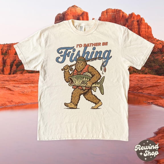 NODB Fishing Bigfoot Shirt, I'D Rather Be Fishing Graphic Tee,S For Men Women SAND Unisex S-5XL Hot Trending Shirt, Vintage Birthday Gift