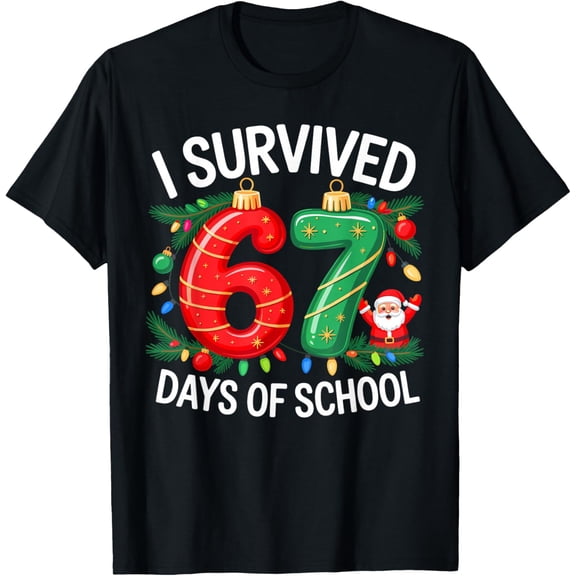 NODB I Survived 67 Days Of School Noel Candy Cane Six Seven T-Shirt BLACK Unisex S-5XL Hot Trending Shirt, Vintage Birthday Gift