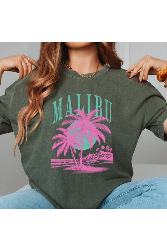 Malibu Beach Crewneck T-Shirt: Preppy California Vacation Tee FOREST GREEN Unisex S-5XL Hot Trending Shirt, Vintage Birthday Gift