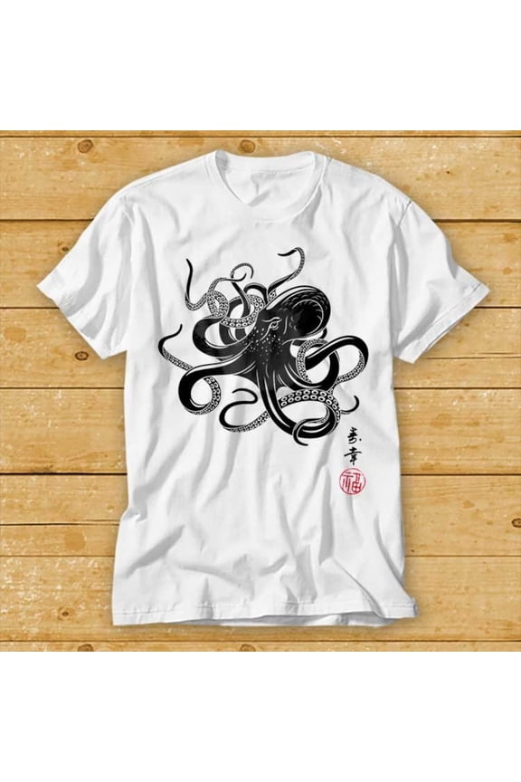 Octopus Japanese Calligraphy T Shirt Gy Traditional Art Japan Manga Yoga Martial Arts Samurai Top Tee WHITE Unisex S-5XL Hot Trending Shirt, Vintage Birthday Gift