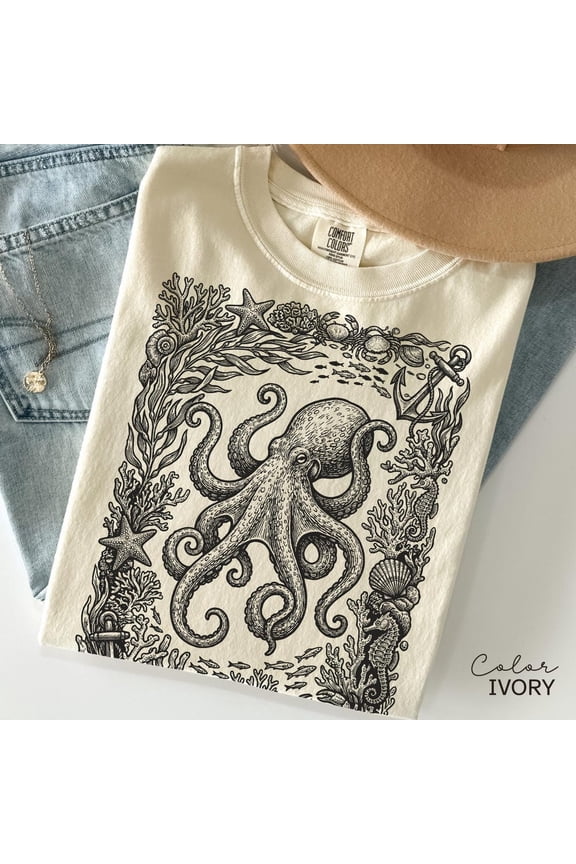 Octopus Nautical Vintage Retro Shirt, Cottagecore Shirt, Ocean Animal Tshirt, Beach Ocean Shirt, Tee SAND Unisex S-5XL Hot Trending Shirt, Vintage Birthday Gift
