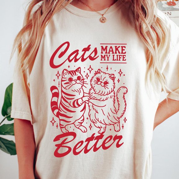 NODB Retro Comfy Cat Shirt, Cats Make My Life Better T-Shirt, Cat Mom Shirt, Cat Mama Gift, Women Crewneck, Cute Cat Shirt WHITE Unisex S-5XL Hot Trending Shirt, Vintage Birthday Gift