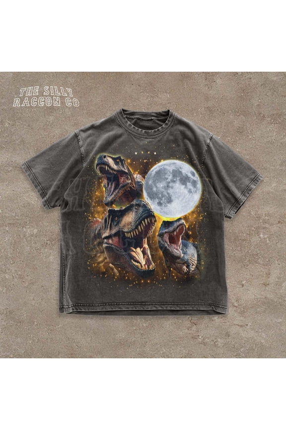 Retro Moonlight T-Rex Faded Shirt, Dinosaur Celestial Tee For Men Women, Mystical Grunge Top, Y2K, Vintage Jurassic Graphic Tee DARK HEATHER Unisex S-5XL Hot Trending Shirt