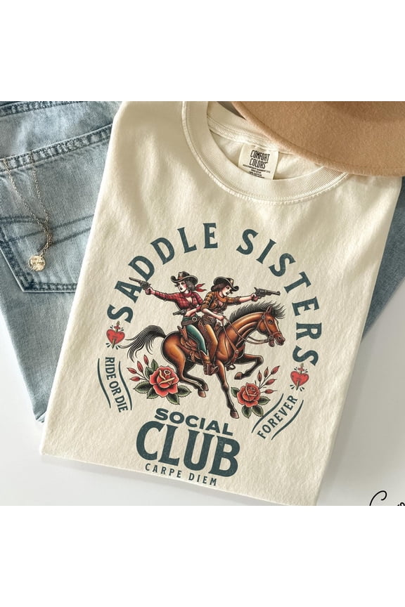 Saddle Sisters Cow Shirt, Rodeo T-Shirt, Country Concert T-Shirt, Western Graphic Tee For Women, Western Crewneck SAND Unisex S-5XL Hot Trending Shirt, Vintage Birthday Gift