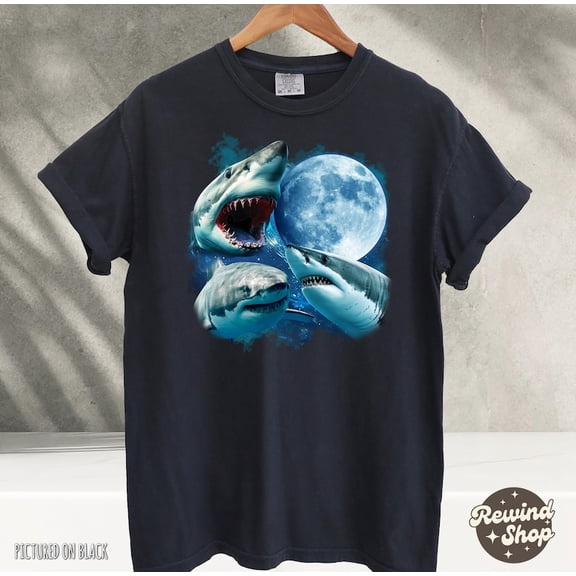 NODB Sharks And Moon Vintage Graphic T-Shirts, Retro Shark Shirt, Shark Ocean Lovers, Funny Graphic Tee, Core Shirt BLACK Unisex S-5XL Hot Trending Shirt, Vintage Birthday Gift