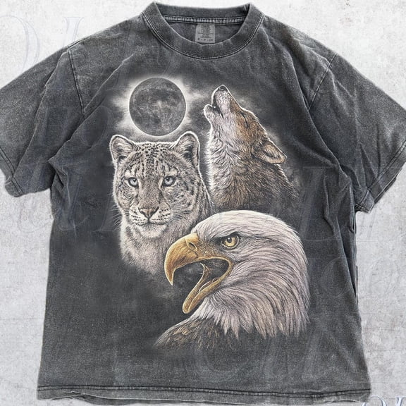 NODB Spirit Animal Moon Vintage 90S Style Graphic Shirt, Wolf Leo.Pard Eagle Grunge Nature Totem Y2K Top DARK HEATHER Unisex S-5XL Hot Trending Shirt, Vintage Birthday Gift