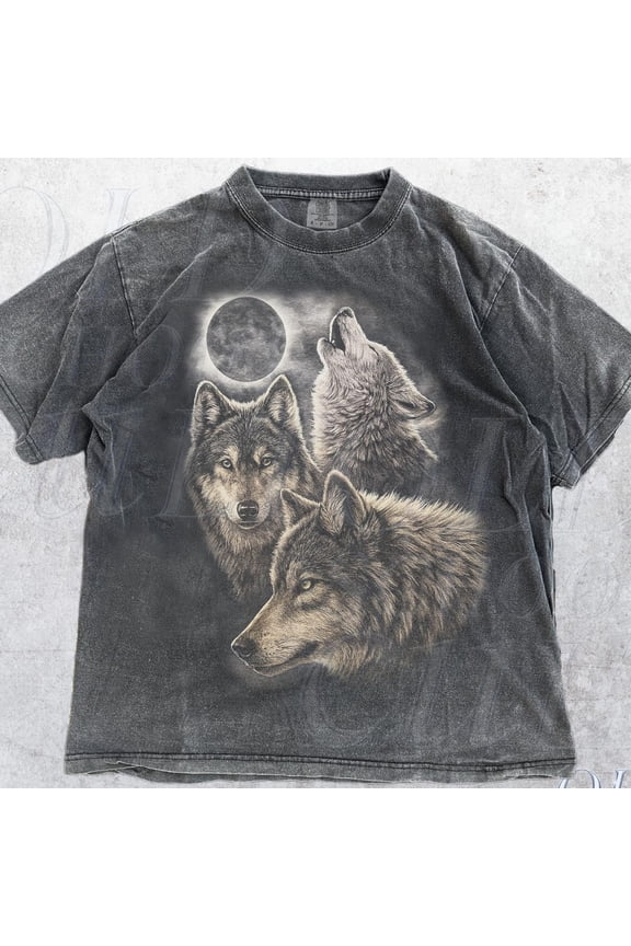 Three Wolves Moon Vintage 90S Style Graphic Shirt, Wolf Graphic Grunge Animal Spirit Shirt, Dark Streetwear DARK HEATHER Unisex S-5XL Hot Trending Shirt, Vintage Birthday Gift