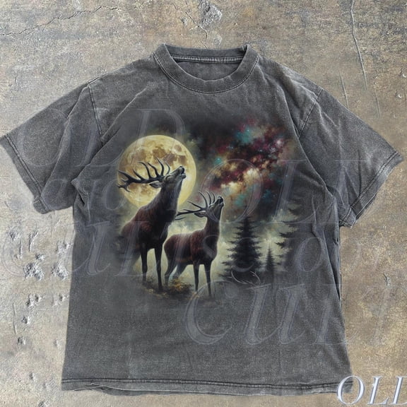 NODB Two Deer Retro Graphic T-Shirts, Vintage Deer Hunter Moon Tshirt, Deer Lovers, Hunter Galaxy Tee, Oversized Tee, Hunting Dad Gift DARK HEATHER Unisex S-5XL Hot Trending Shirt