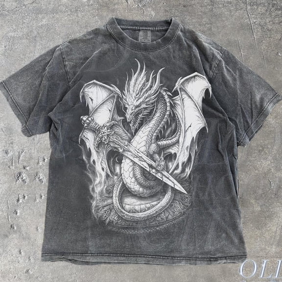 NODB Vintage Dragon Sword 90S Graphic T-Shirt, Retro Medieval Fantasy Creature Tee, Grunge Warrior Gamer Shirt DARK HEATHER Unisex S-5XL Hot Trending Shirt, Vintage Birthday Gift