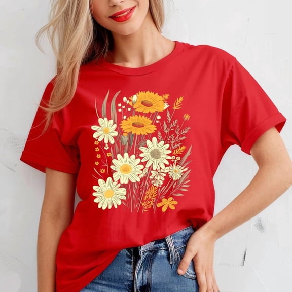 NODB Vintage Flowers Shirt, Daisy T-Shirt, Sunflower Shirt, Retro Flower Shirt, Floral Shirt, Nature Lover Gift RED Unisex S-5XL Hot Trending Shirt, Vintage Birthday Gift
