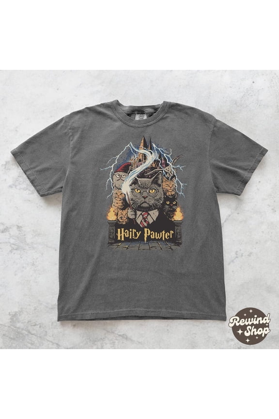 Vintage Hairy Pawter Graphic Tee, Cat Wizard Shirt, Cat Lover Tshirt, Fantasy Shirt, Wizarding School Tee, Reader Gift DARK HEATHER Unisex S-5XL Hot Trending Shirt, Vintage Birthday Gift