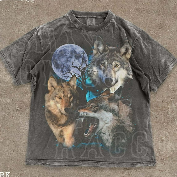 NODB Vintage Wolf Shirt For Men Women, Retro Animal Graphic Tee, Nature Lover Gift, Retro Celestial Wolves T-Shirt, Mystical Forest Core Top DARK HEATHER Unisex S-5XL Hot Trending Shirt