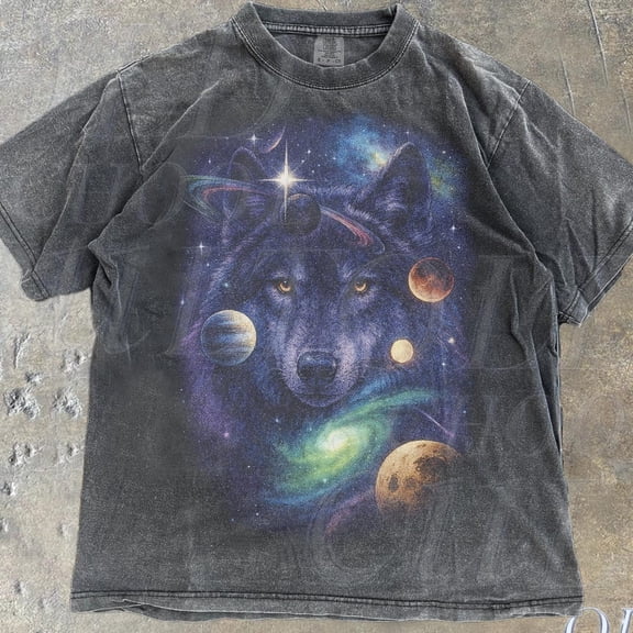 NODB Wolf Galaxy Vintage 90S Graphic Style Tshirt, Grunge Retro Wolf Faded Shirt, Wild Nature Planets Y2K Gothic, 2000S Wolf Gift DARK HEATHER Unisex S-5XL Hot Trending Shirt, Vintage Birthday Gift
