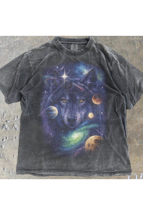 Wolf Galaxy Vintage 90S Graphic Style Tshirt, Grunge Retro Wolf Faded Shirt, Wild Nature Planets Y2K Gothic, 2000S Wolf Gift DARK HEATHER Unisex S-5XL Hot Trending Shirt, Vintage Birthday Gift