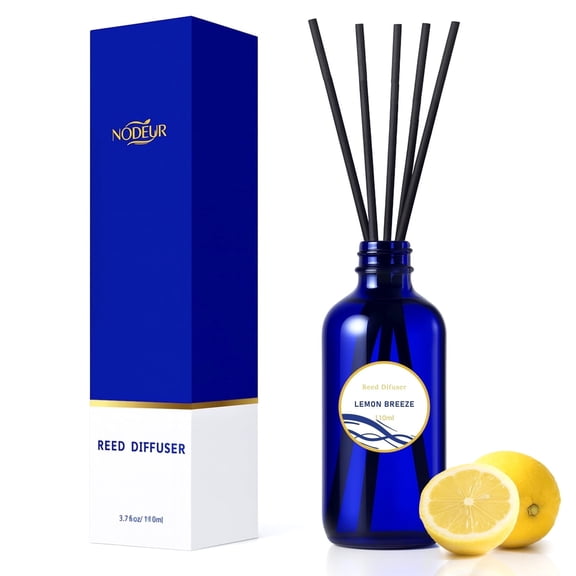 NODEUR Reed Diffuser Set Lemon, Blue Glass Bottle with Natural Reeds, Long-Lasting Aromatherapy Home Fragrance for Home Office Bathroom , 3.7 FL.OZ