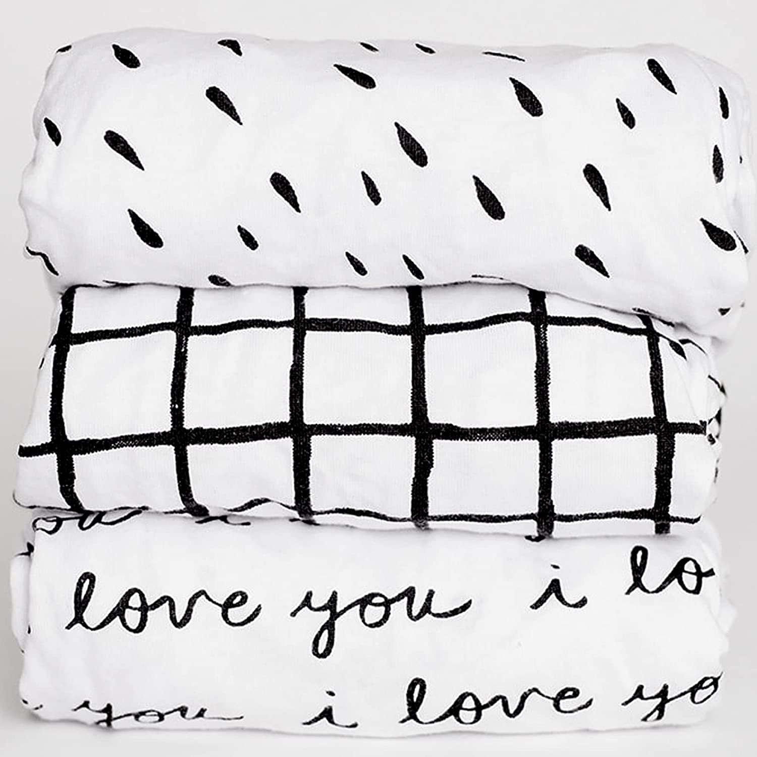 NODNAL CO. 3 Black and White Bassinet Fitted Sheet Set, 100% OEKO-TEX Cotton, 3 Pieces, for Newborn Baby Girl or Boy Nursery Bedding, Gender Neutral I Love You Script