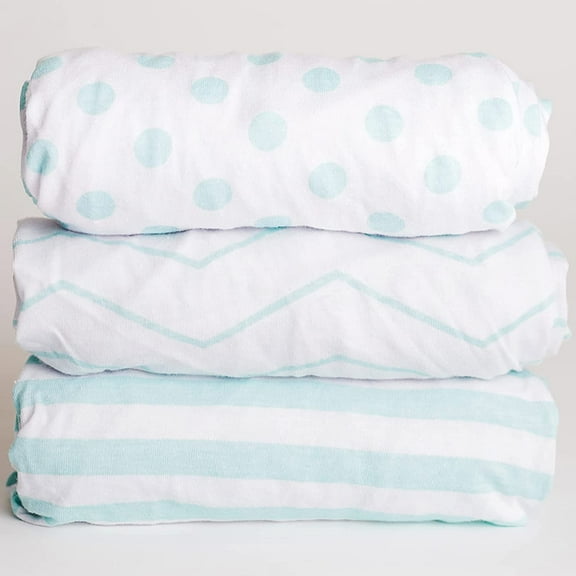 NODNAL CO. 3 Mint and White Bassinet Fitted Sheet Set, 100% OEKO-TEX Cotton, 3 Pieces, for Newborn Baby Girl or Boy Nursery Bedding, Gender Neutral Stripes Polka Dots Zig Zags