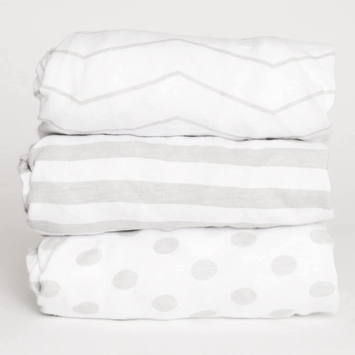 NODNAL CO. Gray and White Cotton Playard/Portable Crib/Mini Crib Fitted Sheet Set, 100% OEKO-TEX Cotton, 3 Pieces, for Baby Girl or Boy Infant/Toddler Nursery Bedding, Gender Neutral