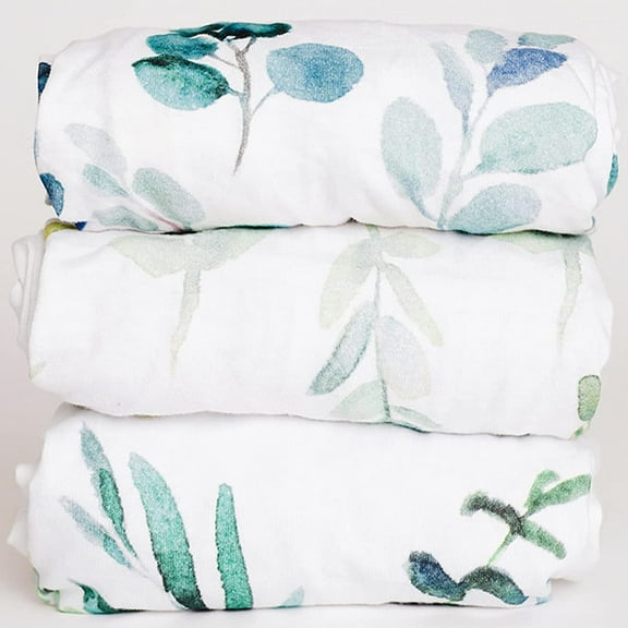 NODNAL CO. Green Leafy Cotton Bassinet Fitted Sheet Set, 100% OEKO-TEX Cotton, 3 Pieces, for Newborn Infant Baby Girl or Boy Nursery Bedding, Gender Neutral Leafs, Greenery, Floral Eucalyptus