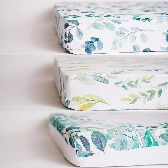 NODNAL CO. Green Leafy Cotton Crib Fitted Sheet Set, 100% OEKO-TEX Cotton, 3 Pieces, for Baby Girl or Boy Infant/Toddler Nursery Bedding, Gender Neutral Leafs, Greenery, Floral Eucalyptus