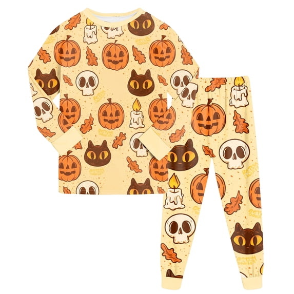 NOEGOEU 2-9 Years Toddler Boys Girls Halloween Pajamas Kids Long Sleeve Cute Sleepwear Set (Beige,6-7 Years)