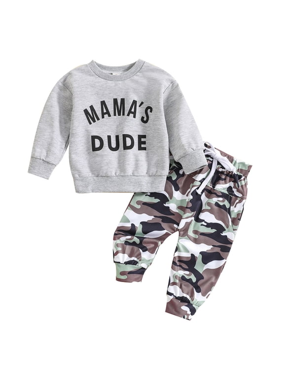 2Pcs Boys Letter Print Sweatshirts and Camo Jogger Pants Set Toddler Outfits 3M-3Y (Grey,3-6 Months)