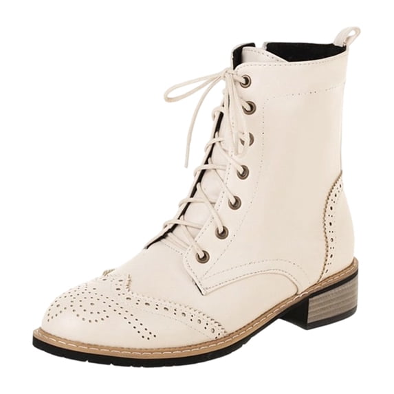 NOEGOEU Ankle Boots for Women Lace-up Low Heel Non Slip Flat Combat Boots Womens with Side Zipper (Beige,37)