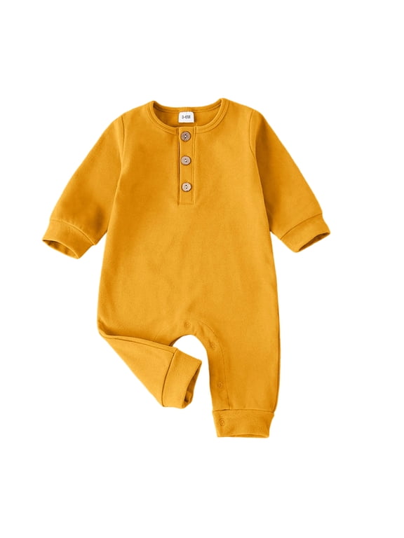 Baby Boy Girl Romper Henley Long Sleeve Onesies Bottom Snap Outfits 0-18 Months (Yellow,0-3 Months)