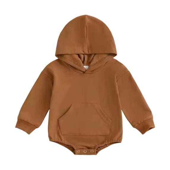 NOEGOEU Baby Hooded Romper with Pocket Long Sleeve Snap Buttom Jumpsuit Outfits Boy Girl 0-24M (Brown,6-12 Months)