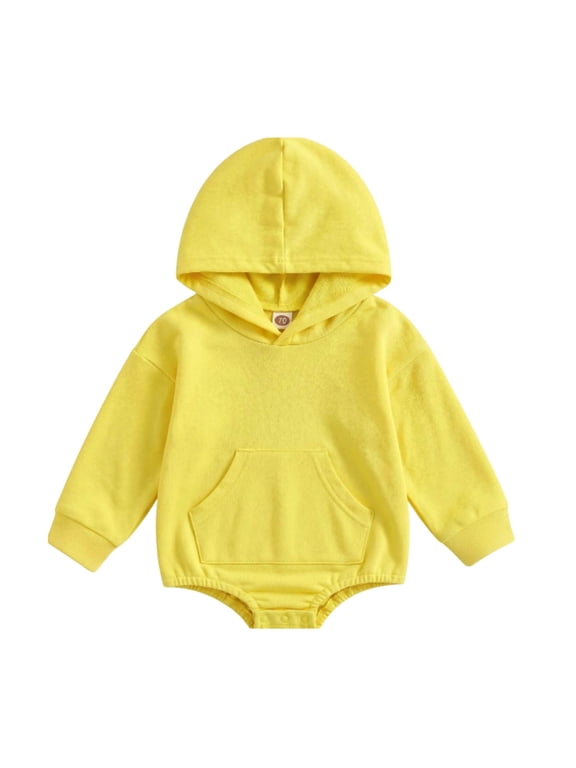 Baby Hooded Romper with Pocket Long Sleeve Snap Buttom Jumpsuit Outfits Boy Girl 0-24M (Yellow,12-18 Months)