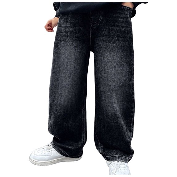 NOEGOEU Boys Baggy Jeans Wide Leg Elastic Waist Denim Pants Casual Vintage Streetwear Teen Clothes (Black,170)