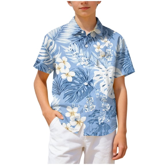 NOEGOEU Boys Button Down Hawaiian Shirt Short Sleeve Beach Shirt Kids Graphic Tees Tops 2-13 Years (Blue,8-9 Years)