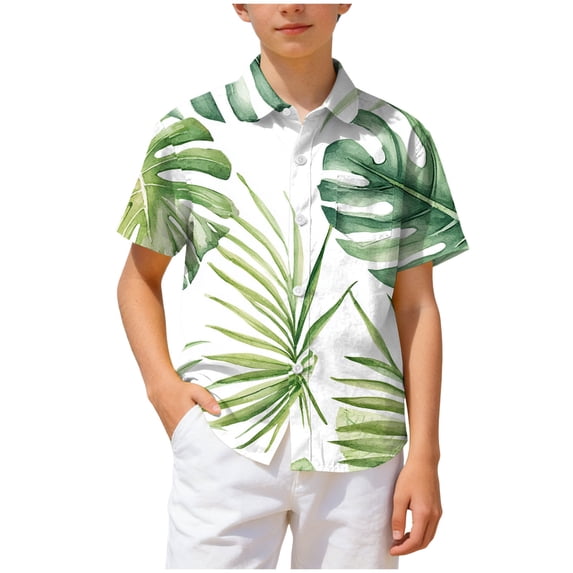 NOEGOEU Boys Button Down Hawaiian Shirt Short Sleeve Beach Shirt Kids Graphic Tees Tops 2-13 Years (Light Green,8-9 Years)