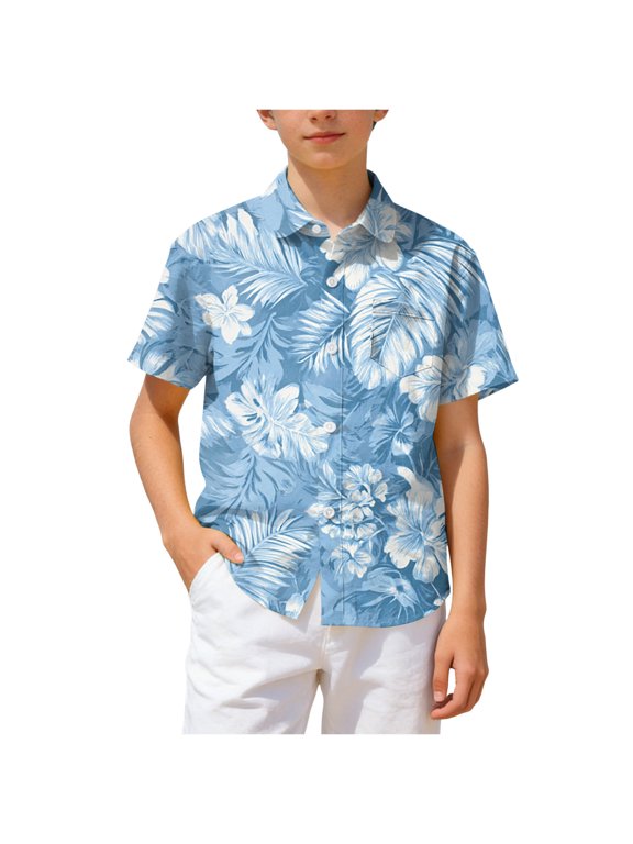 Boys Button Down Hawaiian Shirt Short Sleeve Beach Shirt Kids Graphic Tees Tops 2-13 Years (Sky Blue,5-6 Years)