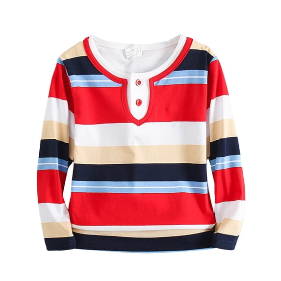 NOEGOEU Boys Long Sleeve Shirts Toddler Henley Shirt Casual Striped Tees for 3-14 Years (Watermelon Red,7-8 Years)